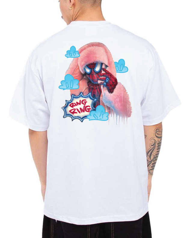 A man shown from the back wearing a white t-shirt with a large graphic print of a cartoon character in a pink hoodie and blue clouds, with a speech bubble reading 'RING RING'.